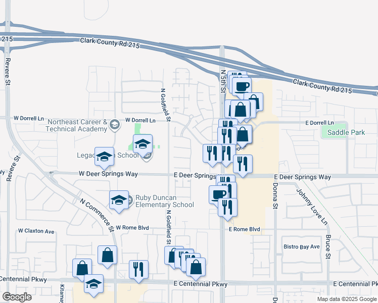 map of restaurants, bars, coffee shops, grocery stores, and more near 121 Stablewood Court in North Las Vegas