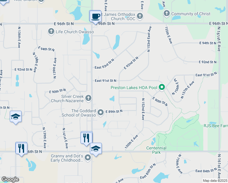 map of restaurants, bars, coffee shops, grocery stores, and more near 3900 Crest Lane in Owasso