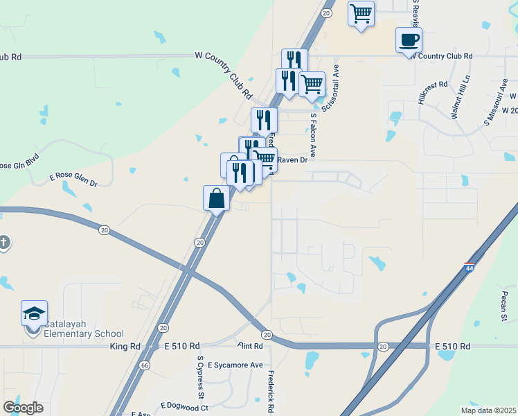 map of restaurants, bars, coffee shops, grocery stores, and more near 2030 Oklahoma 66 in Claremore