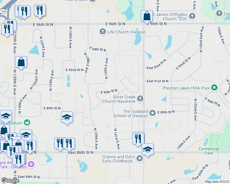 map of restaurants, bars, coffee shops, grocery stores, and more near 14102 East 90th Street North in Owasso