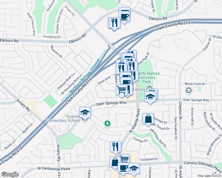 map of restaurants, bars, coffee shops, grocery stores, and more near 2813 Dowitcher Avenue in North Las Vegas