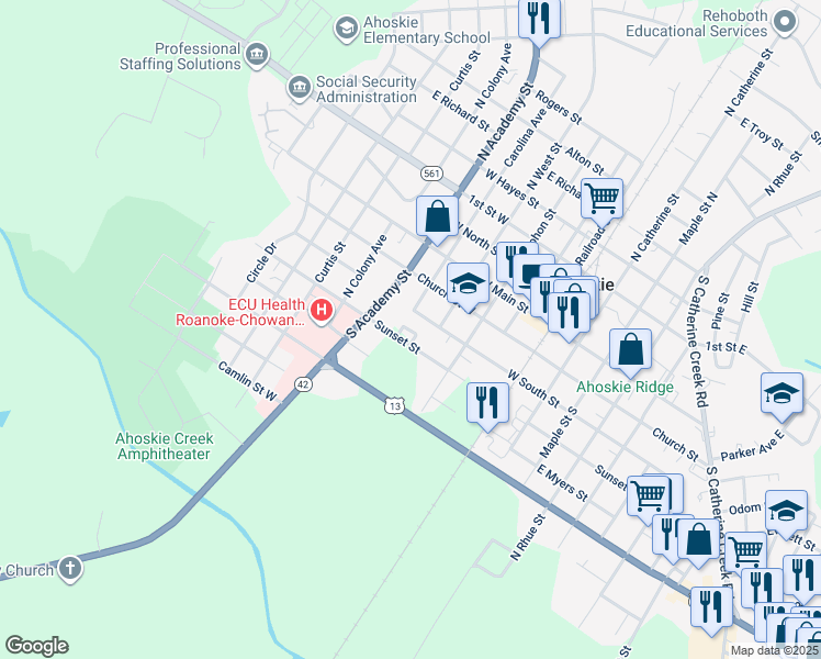 map of restaurants, bars, coffee shops, grocery stores, and more near 400 Sunset Street in Ahoskie