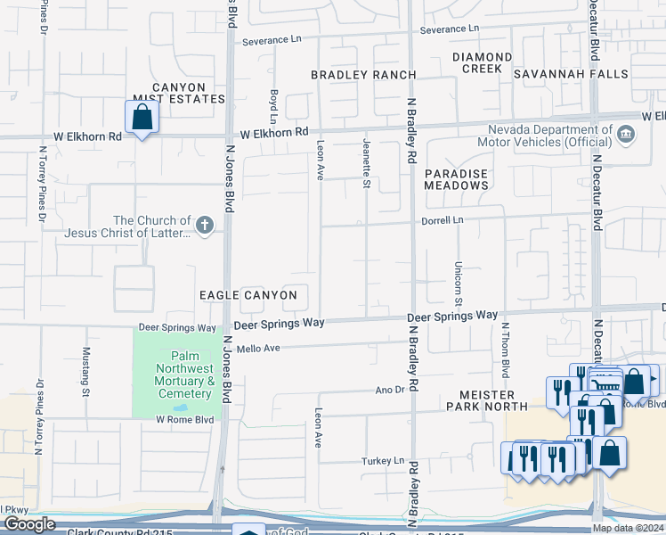 map of restaurants, bars, coffee shops, grocery stores, and more near 6931 Leon Avenue in Las Vegas