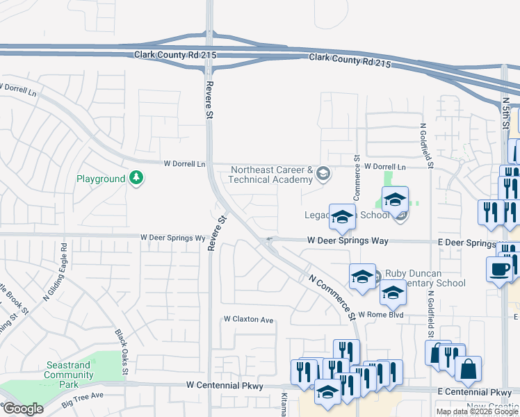 map of restaurants, bars, coffee shops, grocery stores, and more near 553 Grand Cascade Place in North Las Vegas