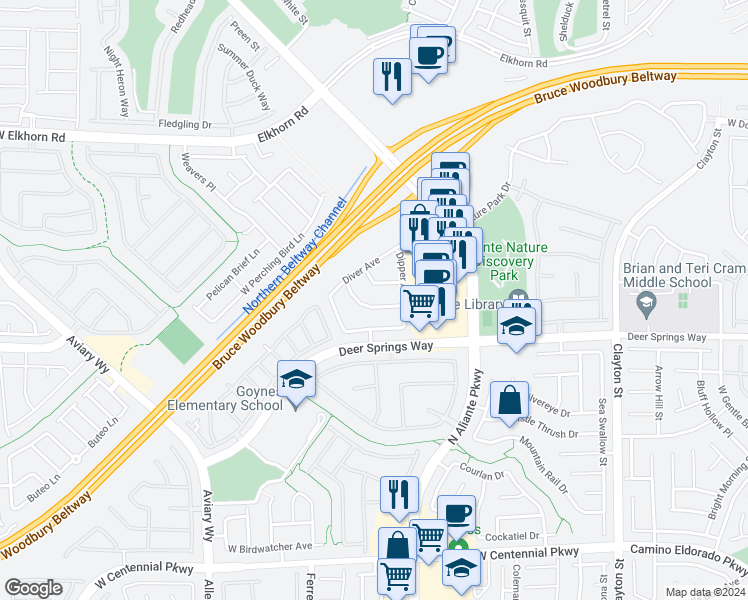 map of restaurants, bars, coffee shops, grocery stores, and more near 2916 West Dowitcher Avenue in North Las Vegas