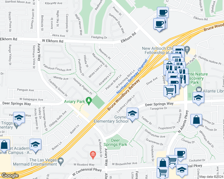map of restaurants, bars, coffee shops, grocery stores, and more near 3532 West Perching Bird Lane in North Las Vegas