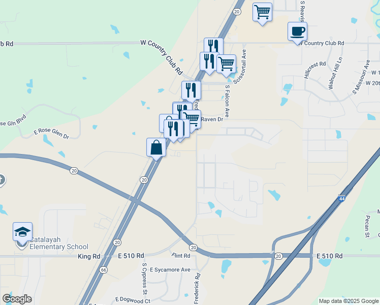 map of restaurants, bars, coffee shops, grocery stores, and more near 2030 Oklahoma 66 in Claremore