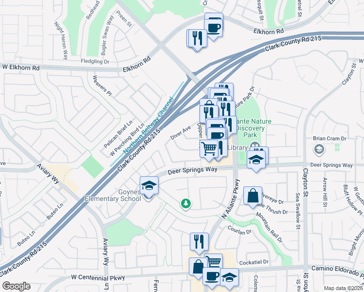 map of restaurants, bars, coffee shops, grocery stores, and more near 3005 Dowitcher Avenue in North Las Vegas