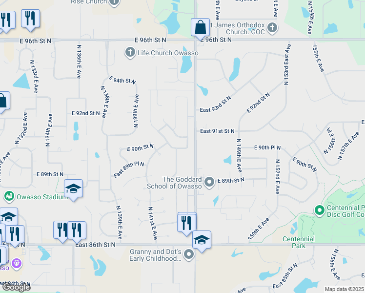 map of restaurants, bars, coffee shops, grocery stores, and more near 8926 North 143rd East Avenue in Owasso