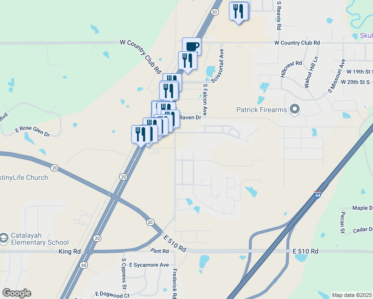 map of restaurants, bars, coffee shops, grocery stores, and more near 2217 Southwest Quail Run Drive in Claremore