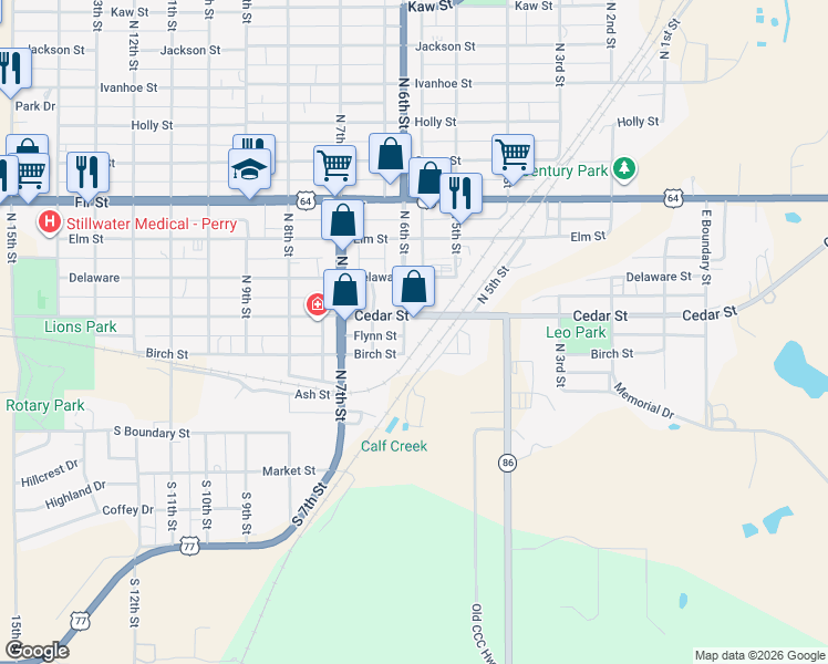map of restaurants, bars, coffee shops, grocery stores, and more near 218 North 6th Street in Perry