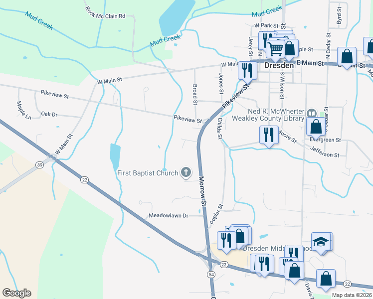 map of restaurants, bars, coffee shops, grocery stores, and more near 446 Morrow Street in Dresden