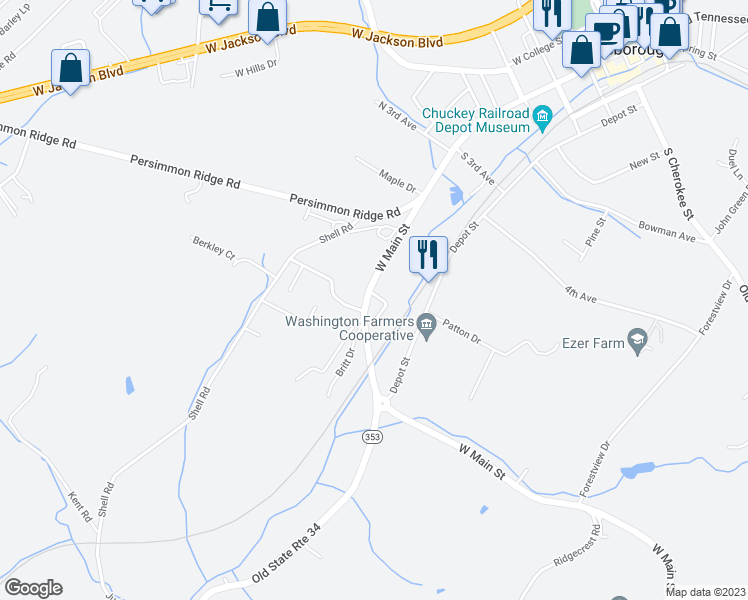 map of restaurants, bars, coffee shops, grocery stores, and more near 1001 West Main Street in Jonesborough