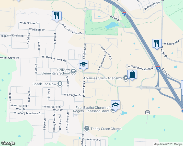 map of restaurants, bars, coffee shops, grocery stores, and more near West Pleasant Grove Road in Rogers