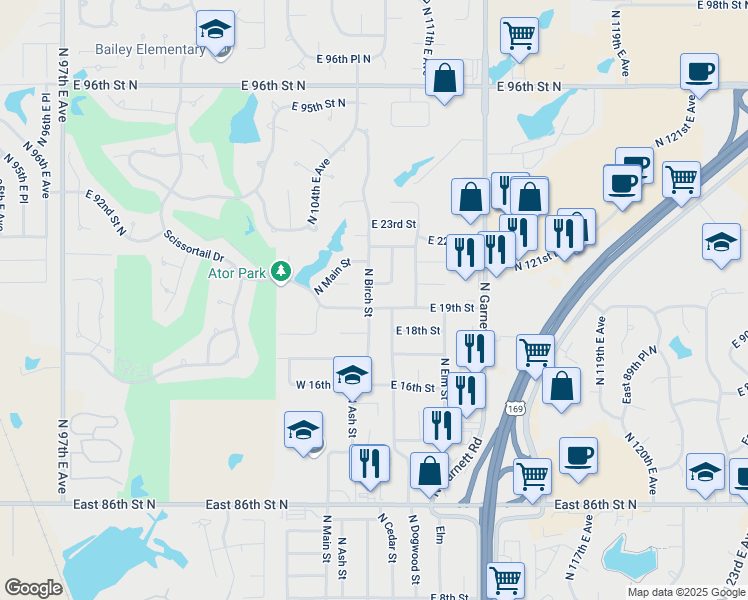 map of restaurants, bars, coffee shops, grocery stores, and more near 1807 North Birch Street in Owasso