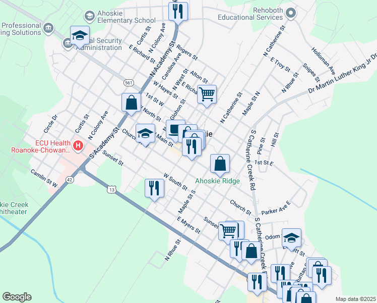 map of restaurants, bars, coffee shops, grocery stores, and more near 107 Main Street in Ahoskie