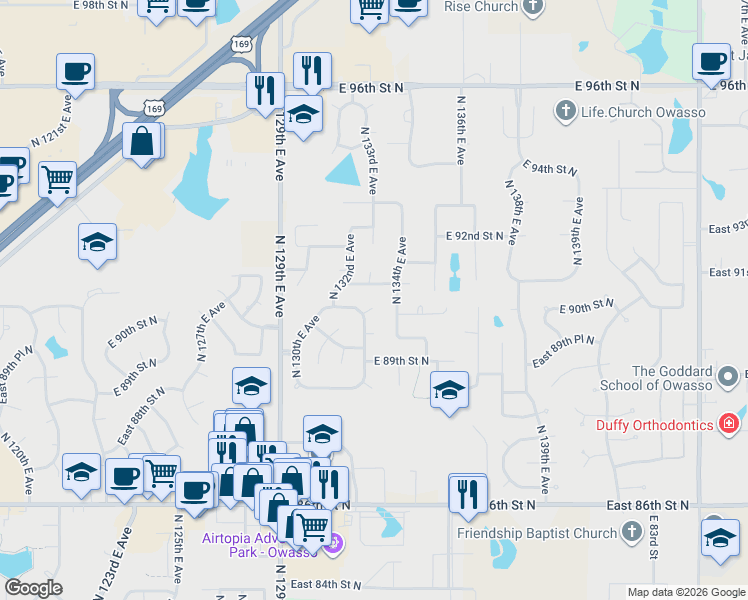 map of restaurants, bars, coffee shops, grocery stores, and more near 8951 North 133rd East Avenue in Owasso