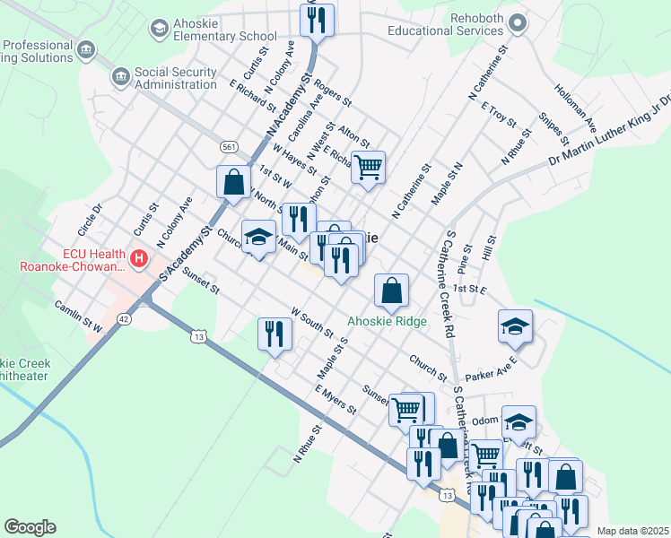 map of restaurants, bars, coffee shops, grocery stores, and more near 105 Main Street in Ahoskie