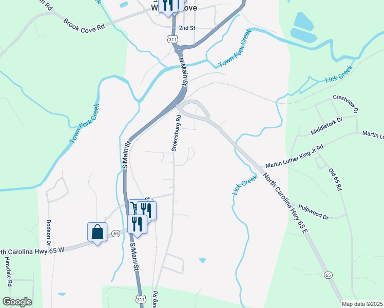 map of restaurants, bars, coffee shops, grocery stores, and more near 124 Stokesburg Meadows Court in Walnut Cove