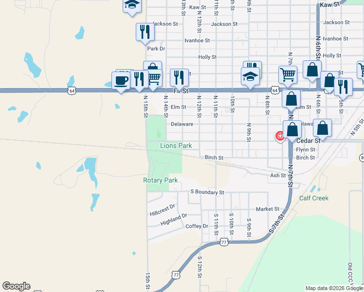 map of restaurants, bars, coffee shops, grocery stores, and more near 208 North 13th Street in Perry