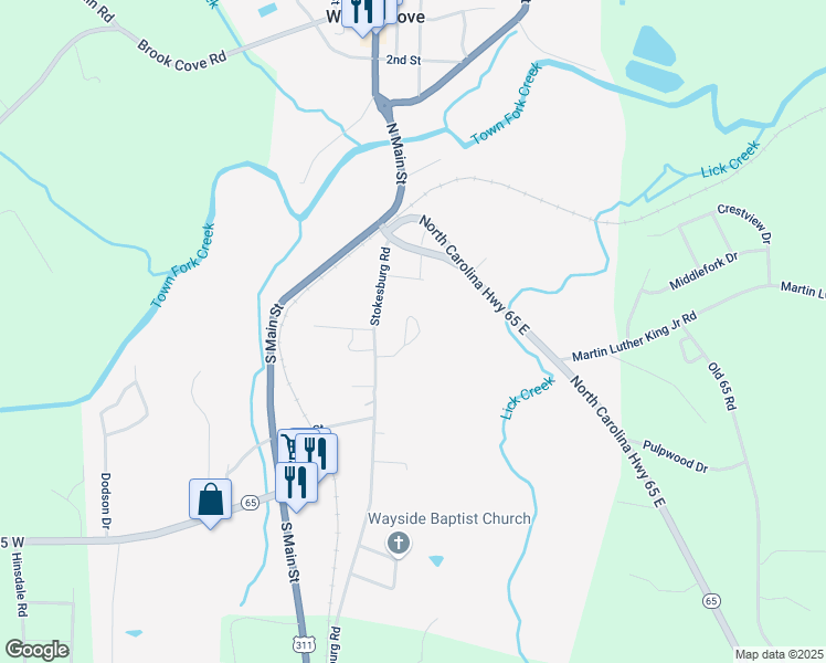 map of restaurants, bars, coffee shops, grocery stores, and more near 124 Stokesburg Meadows Court in Walnut Cove
