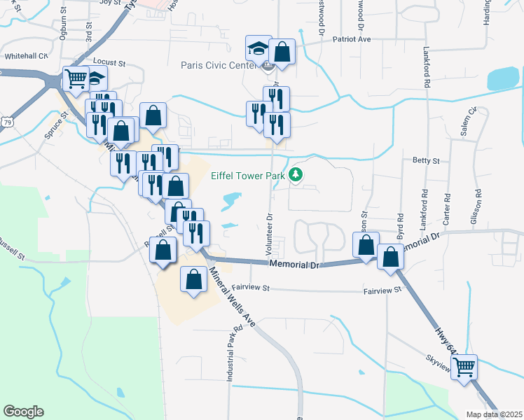 map of restaurants, bars, coffee shops, grocery stores, and more near 1100 Volunteer Drive in Paris