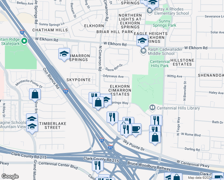map of restaurants, bars, coffee shops, grocery stores, and more near 7909 Pinnochio Avenue in Las Vegas