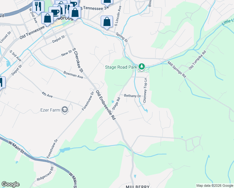 map of restaurants, bars, coffee shops, grocery stores, and more near 154 Stage Rd in Jonesborough