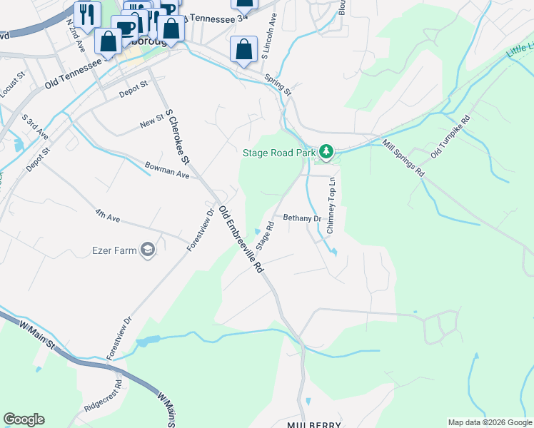 map of restaurants, bars, coffee shops, grocery stores, and more near 154 Stage Rd in Jonesborough