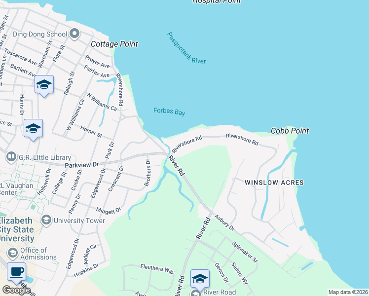 map of restaurants, bars, coffee shops, grocery stores, and more near 1824 Rivershore Road in Elizabeth City