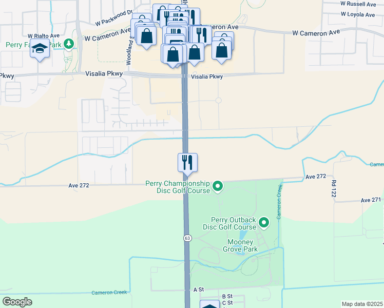 map of restaurants, bars, coffee shops, grocery stores, and more near 26814 South Mooney Boulevard in Visalia