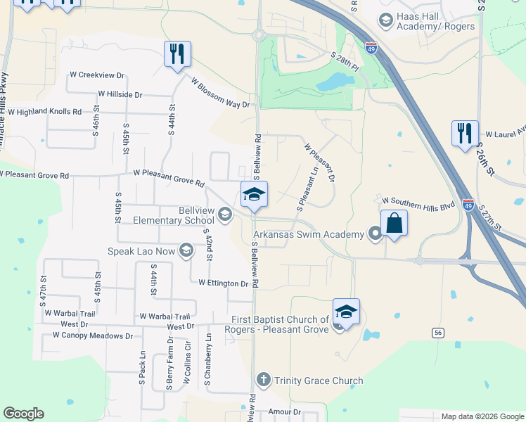 map of restaurants, bars, coffee shops, grocery stores, and more near 5345 South Bellview Road in Rogers