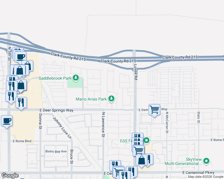 map of restaurants, bars, coffee shops, grocery stores, and more near Bruce Woodbury Beltway in North Las Vegas