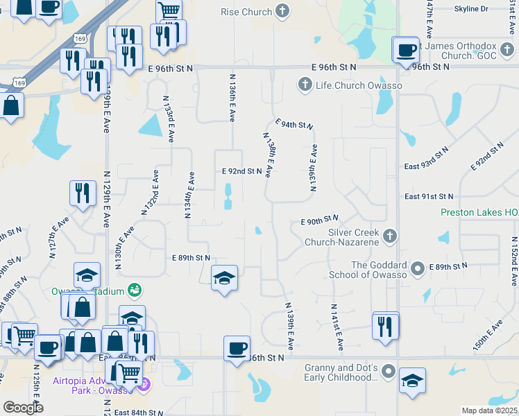 map of restaurants, bars, coffee shops, grocery stores, and more near 9105 North 137th East Avenue in Owasso