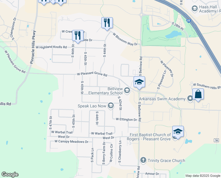 map of restaurants, bars, coffee shops, grocery stores, and more near 4302 West Worthington Drive in Rogers