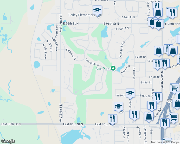 map of restaurants, bars, coffee shops, grocery stores, and more near 9117 North 102nd East Avenue in Owasso