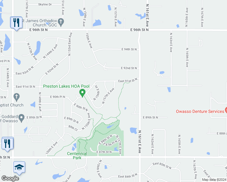 map of restaurants, bars, coffee shops, grocery stores, and more near 9025 North 157th East Avenue in Owasso