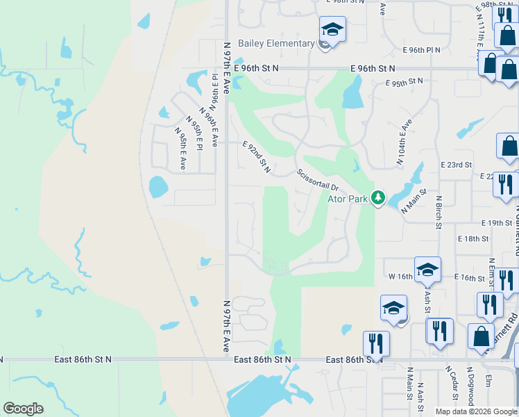 map of restaurants, bars, coffee shops, grocery stores, and more near 9113 North 100th East Avenue in Owasso