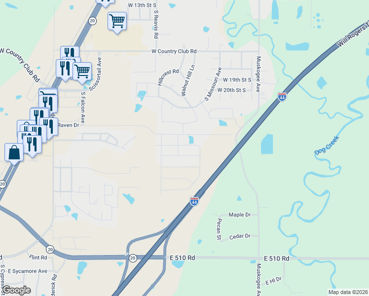 map of restaurants, bars, coffee shops, grocery stores, and more near 2104 Norway Court in Claremore