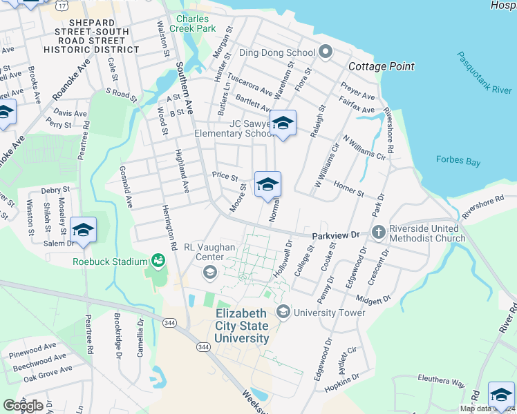 map of restaurants, bars, coffee shops, grocery stores, and more near 1319 Morrisette Avenue in Elizabeth City