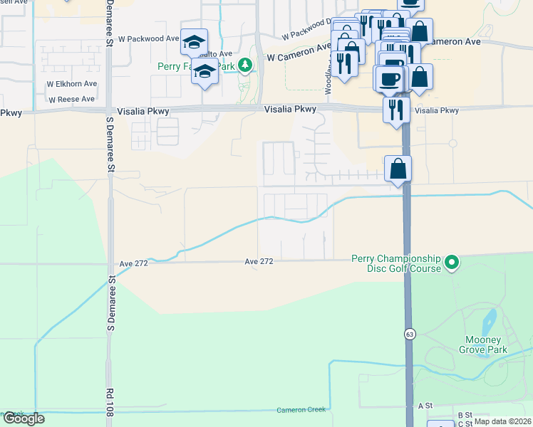 map of restaurants, bars, coffee shops, grocery stores, and more near 2627 West Midvalley Avenue in Visalia