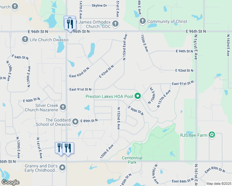 map of restaurants, bars, coffee shops, grocery stores, and more near 15324 East 91st Street North in Owasso