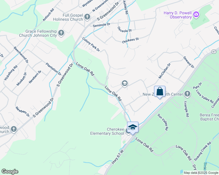 map of restaurants, bars, coffee shops, grocery stores, and more near 1502 Woodridge Drive in Johnson City