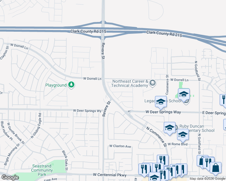 map of restaurants, bars, coffee shops, grocery stores, and more near 628 Founders Creek Avenue in North Las Vegas