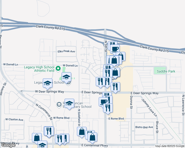 map of restaurants, bars, coffee shops, grocery stores, and more near Dorrell Ln in North Las Vegas