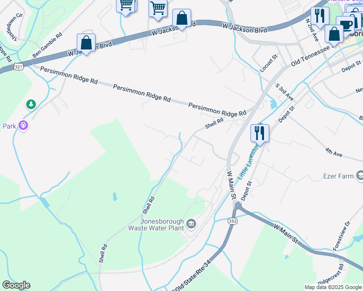 map of restaurants, bars, coffee shops, grocery stores, and more near 201 Rainbow Drive in Jonesborough