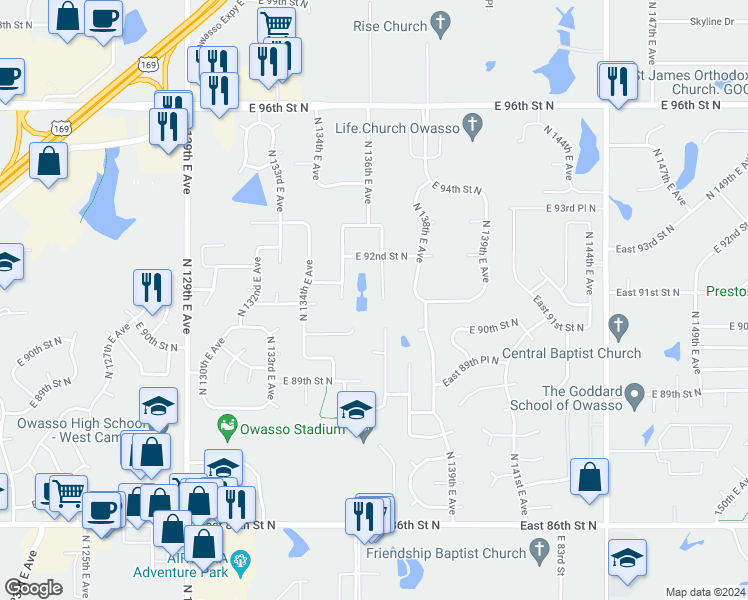 map of restaurants, bars, coffee shops, grocery stores, and more near 9106 North 137th East Avenue in Owasso