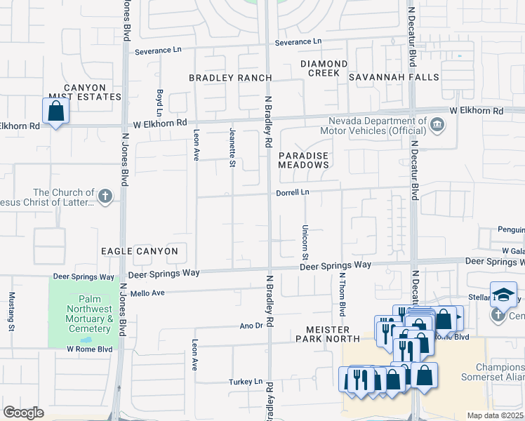 map of restaurants, bars, coffee shops, grocery stores, and more near 6920 Bradley Road in Las Vegas