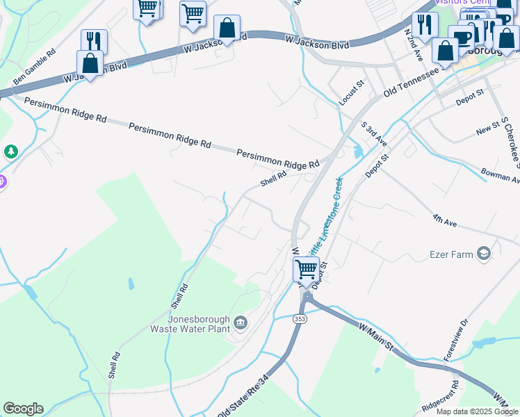 map of restaurants, bars, coffee shops, grocery stores, and more near 115 Charlem Hills Road in Jonesborough