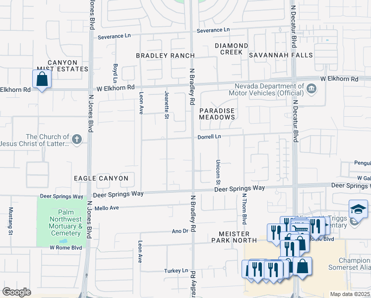 map of restaurants, bars, coffee shops, grocery stores, and more near 6920 Bradley Road in Las Vegas